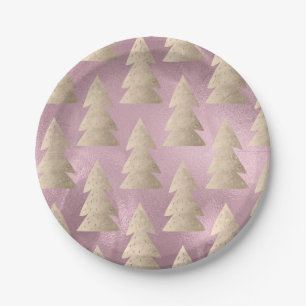 Elegant modern gold & pink Christmas tree pattern Paper Plate