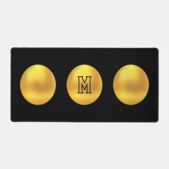 Elegant Modern Gold Polka Dots & Monogram on Black Desk Mat (Front)