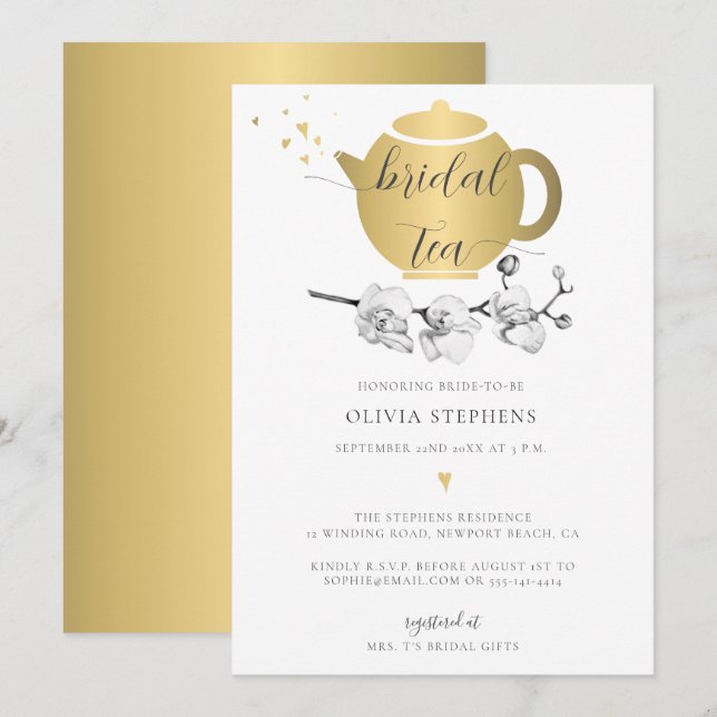 Elegant Modern Gold Pot Hearts Orchid Bridal Tea Invitation (Front/Back)