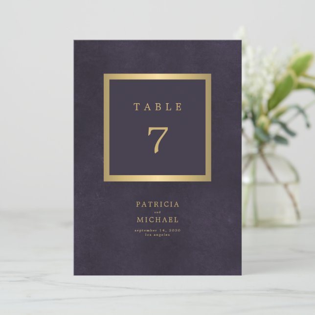 Elegant modern gold purple wedding table number (Standing Front)