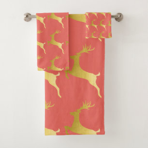 Elegant Modern Gold Red Christmas Reindeer Pattern Bath Towel Set