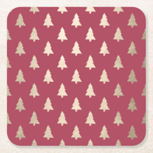 Elegant modern gold & red Christmas tree pattern Square Paper Coaster