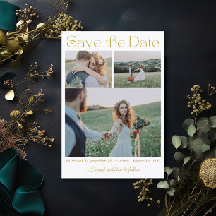 elegant modern gold script 3 photo collage chic save the date