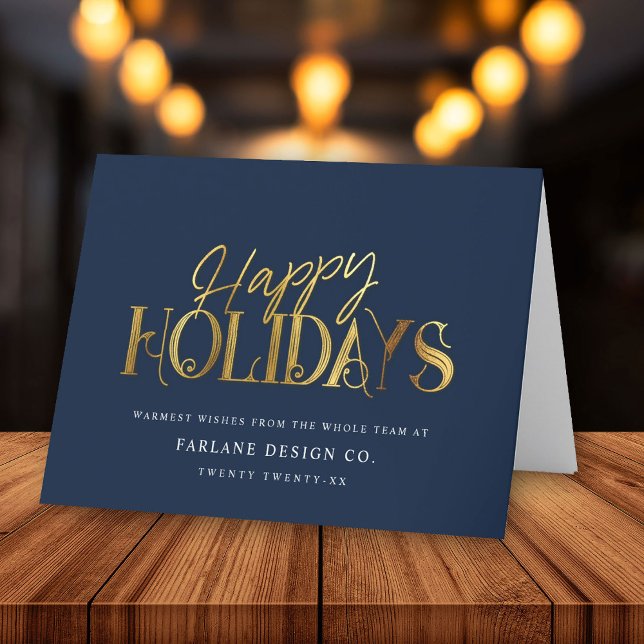 Elegant Modern Gold Script Business Corporate Blue Holiday Card (Creator Uploaded)