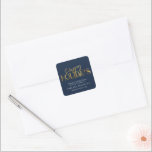 Elegant Modern Gold Script Business Corporate Blue Square Sticker<br><div class="desc">Modern minimalist business holiday sticker with elegant script calligraphy reading HAPPY HOLIDAYS in printed gold. Below is space for your custom message as well as additional space on the back over your corporate logo. This is the dark blue version.</div>