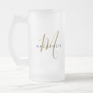 Elegant Modern Gold Script Monogram Frosted Glass Beer Mug