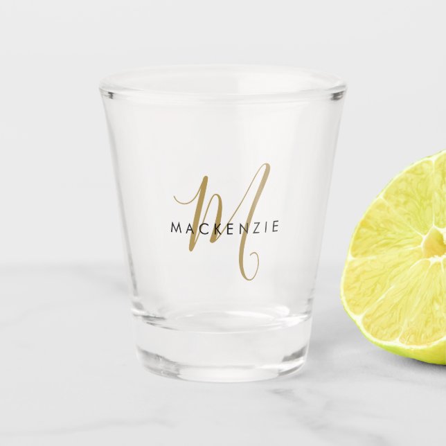 Elegant Modern Gold Script Monogram Shot Glass (Front)