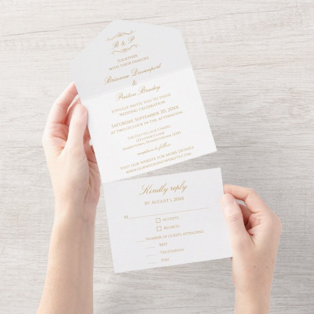 Elegant Modern Gold Script Monogram Wedding All In One Invitation (Tearaway)