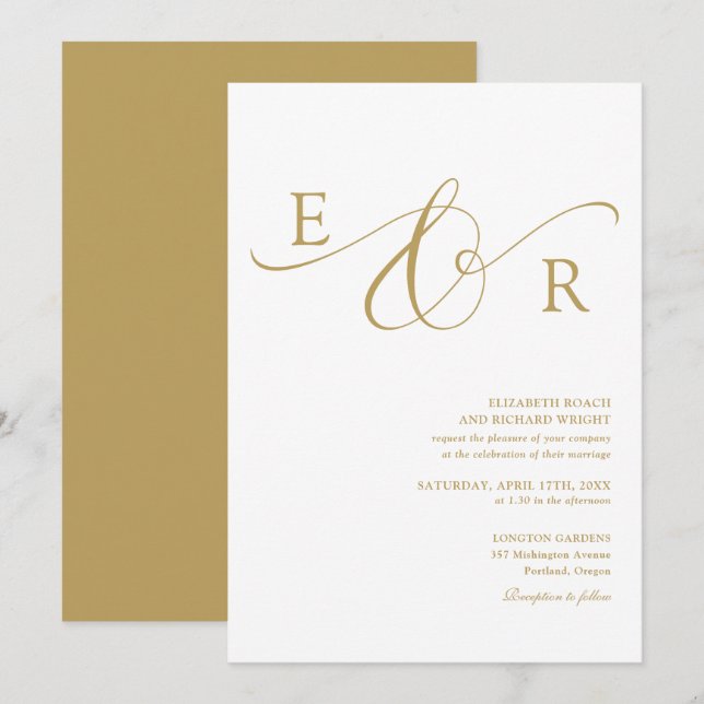 Elegant Modern Gold Script Monogram Wedding Invitation (Front/Back)