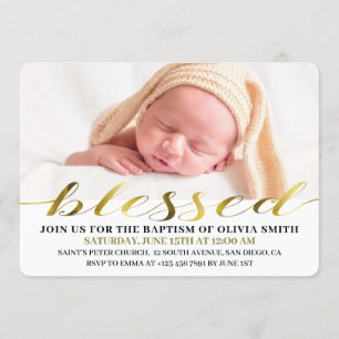 Elegant Modern Gold Script Photo Baptism Invitation