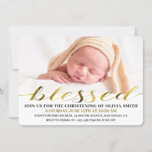 Elegant Modern Gold Script Photo Christening Invitation