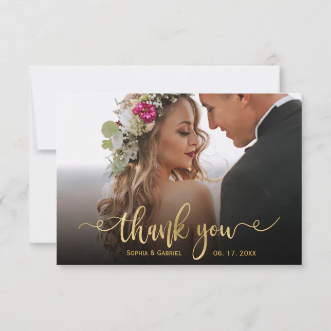 Elegant Modern Gold Script Photo Overlay Wedding Thank You Card | Zazzle