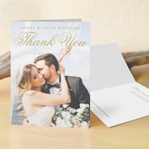Elegant Modern Gold Script Photo Wedding Thank You Card