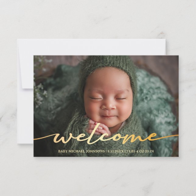 elegant modern gold script thank you photo birth  announcement (Front)