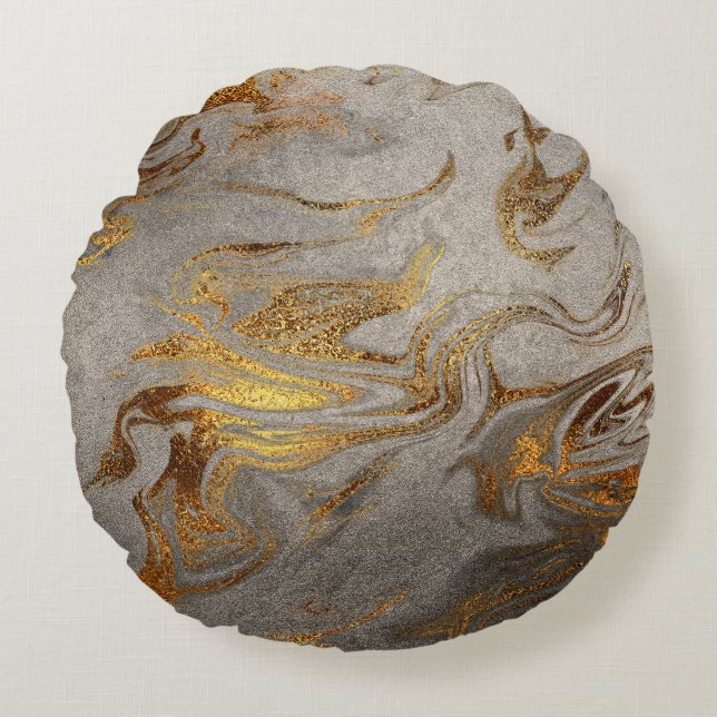 Elegant modern gold silver marble look round cushion (Front)