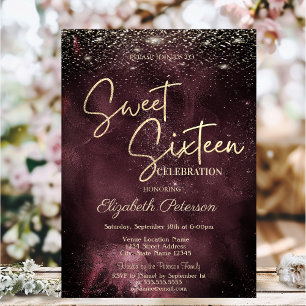 Elegant Modern Gold Stars Burgundy Sweet 16 Invitation