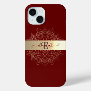 Elegant Modern Gold Stripe Floral Mandala Red iPhone 15 Case