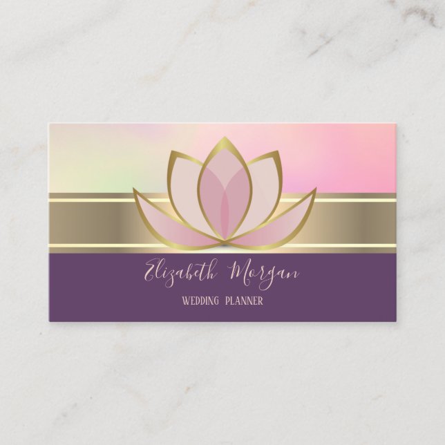 Elegant Modern Gold Stripe Lotus Zen Business Card (Front)