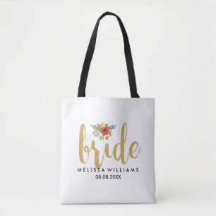 Elegant Modern Gold Text-Bride Floral Accent Tote Bag