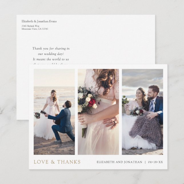 Elegant Modern Gold Three Photo Wedding Thank You Postcard (Front/Back)