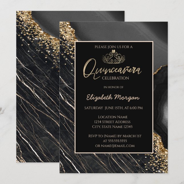 Elegant Modern Gold Tiara,Black Marble  Invitation (Front/Back)