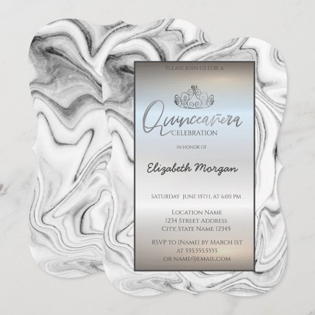Elegant Modern Gold Tiara,Silver Marble Invitation (Front/Back)