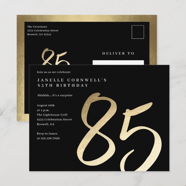 Elegant Modern Gold Type 85th Birthday Invitation Postcard (Front/Back)