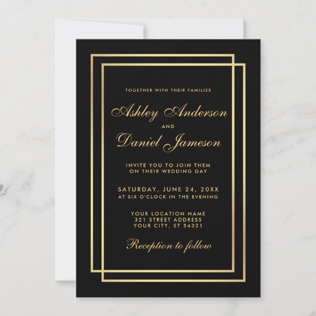 Elegant Modern Gold Wedding Black White Invitation (Front)