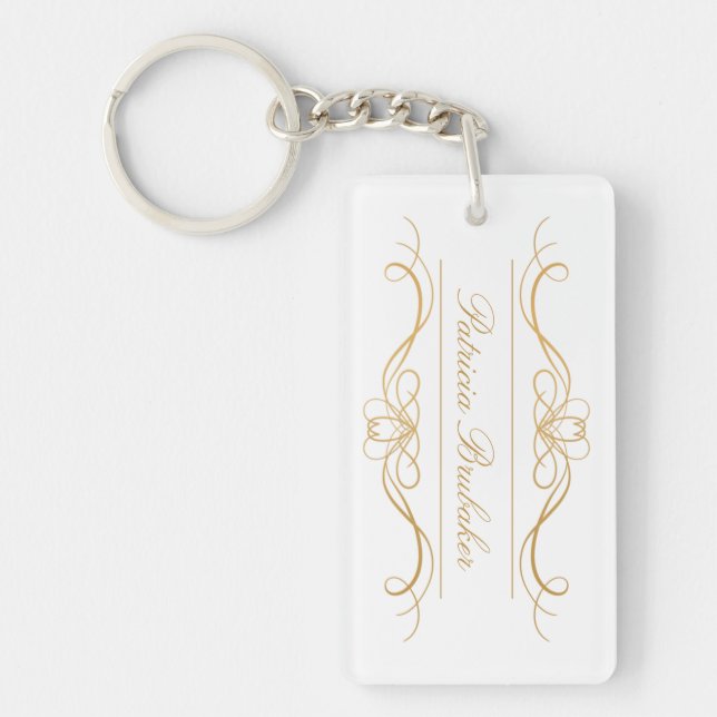 Elegant Modern Gold & White Custom Script Name Key Ring (Front)