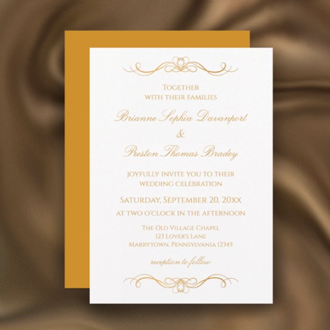 Elegant Modern Gold & White Custom Script Wedding Invitation (Personalize this unique elegant gold and white wedding invitation template. Whimsical modern script.)
