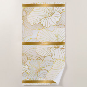 Elegant Modern Gold White Floral Line Collection Beach Towel