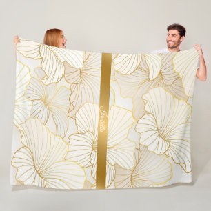 Elegant Modern Gold White Floral Line Collection Fleece Blanket
