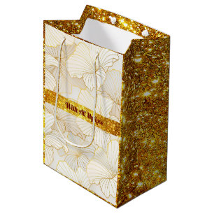 Elegant Modern Gold White Floral Line Collection Medium Gift Bag