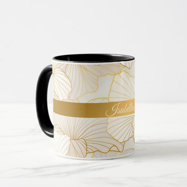 Elegant Modern Gold White Floral Line Collection Mug (Front Left)