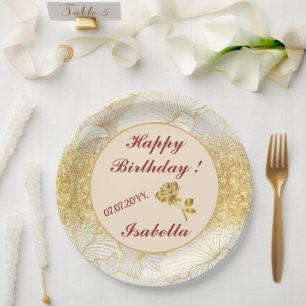 Elegant Modern Gold White Floral Line Collection Paper Plate