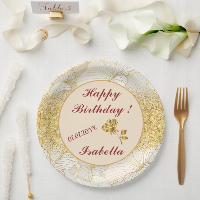 Elegant Modern Gold White Floral Line Collection Paper Plate (Wedding)