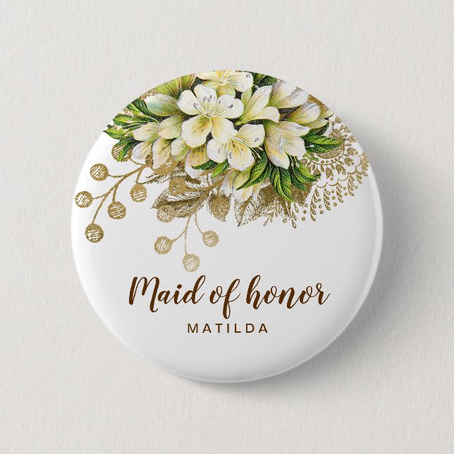 Elegant modern gold white floral maid of honour 6 cm round badge (Front)
