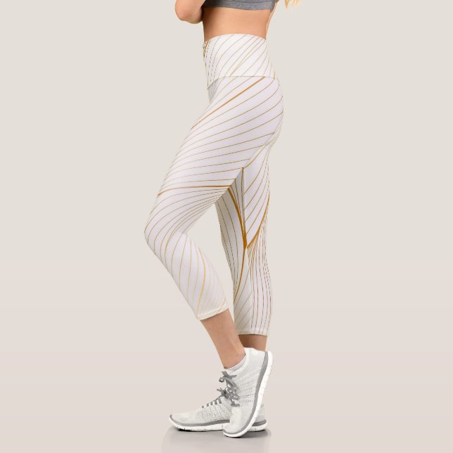 Elegant Modern Gold White Leaves Line Collection Capri Leggings (Left)