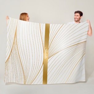 Elegant Modern Gold White Leaves Line Collection Fleece Blanket