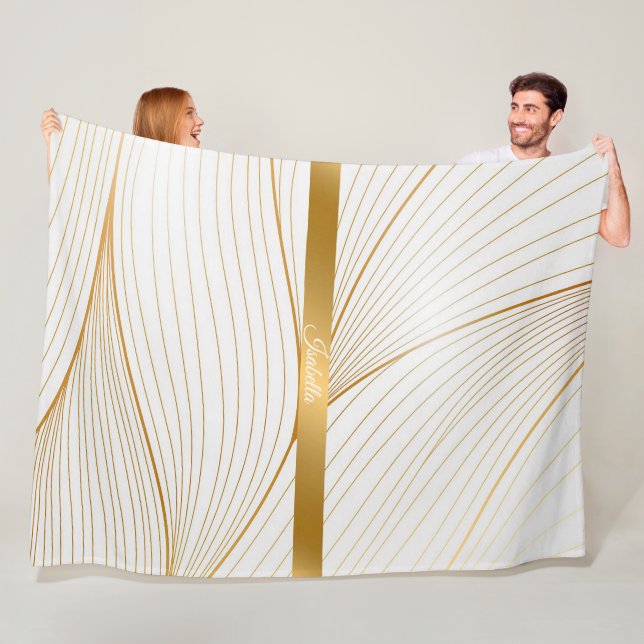 Elegant Modern Gold White Leaves Line Collection Fleece Blanket (In Situ)