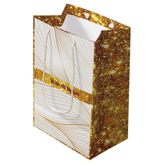 Elegant Modern Gold White Leaves Line Collection Medium Gift Bag (Front Angled)