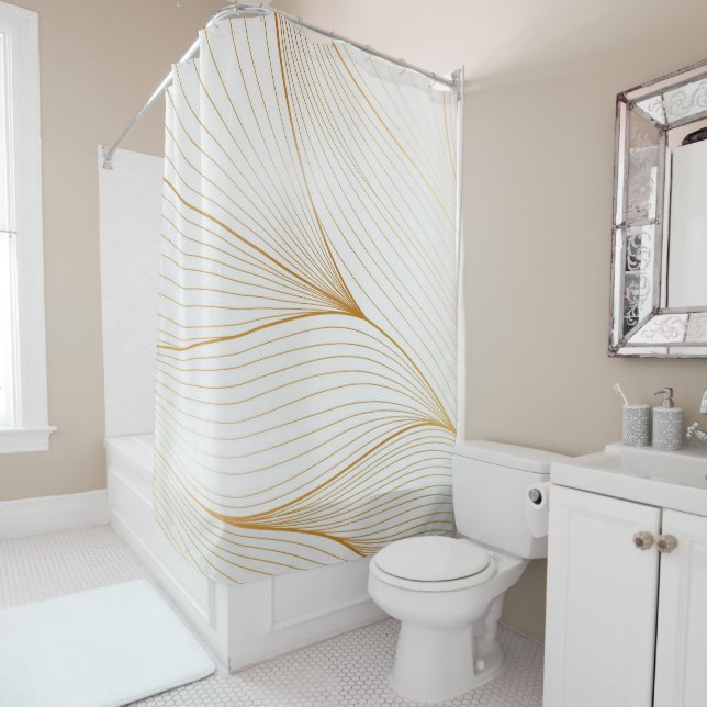 Elegant Modern Gold White Leaves Line Collection Shower Curtain (In Situ)
