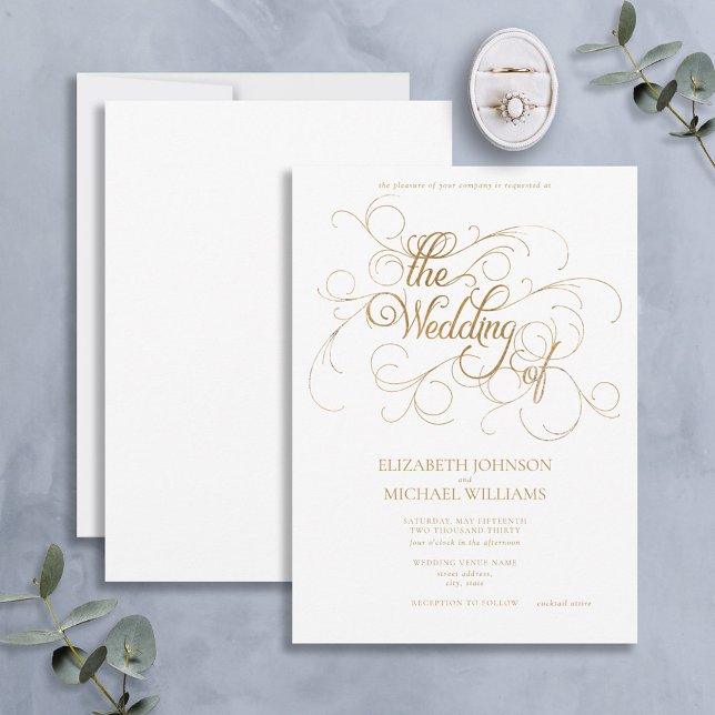 Elegant Modern Gold & White Script Wedding Invitation (Creator Uploaded)