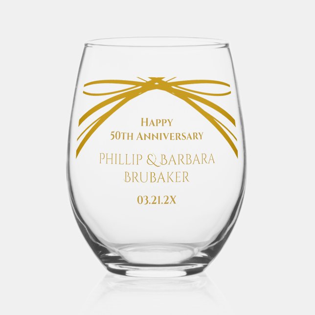 Elegant Modern Golden 50th Anniversary Keepsake Stemless Wine Glass (Front)