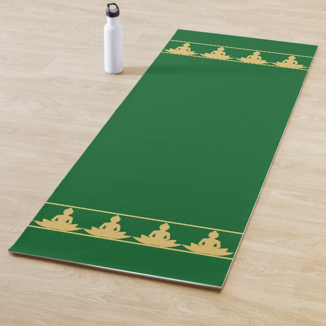 Elegant, Modern Golden Buddha on Forest Green Yoga Mat (In Situ)