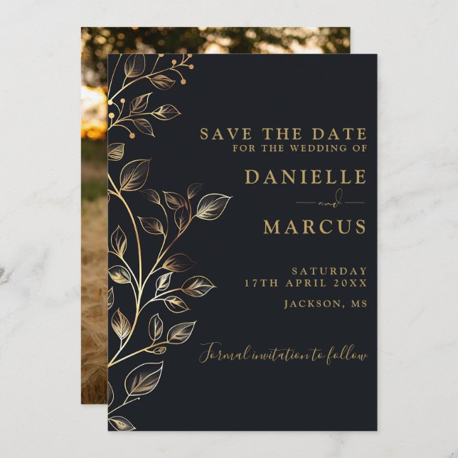 Elegant Modern Golden Floral Photo Wedding Save The Date (Front/Back)