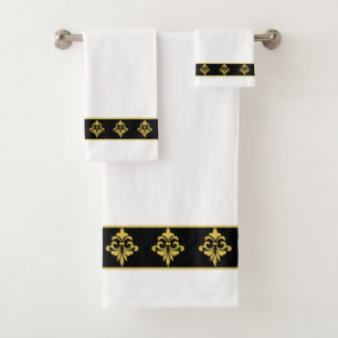 Elegant, Modern Golden Flowers on Black and White Bath Towel Set