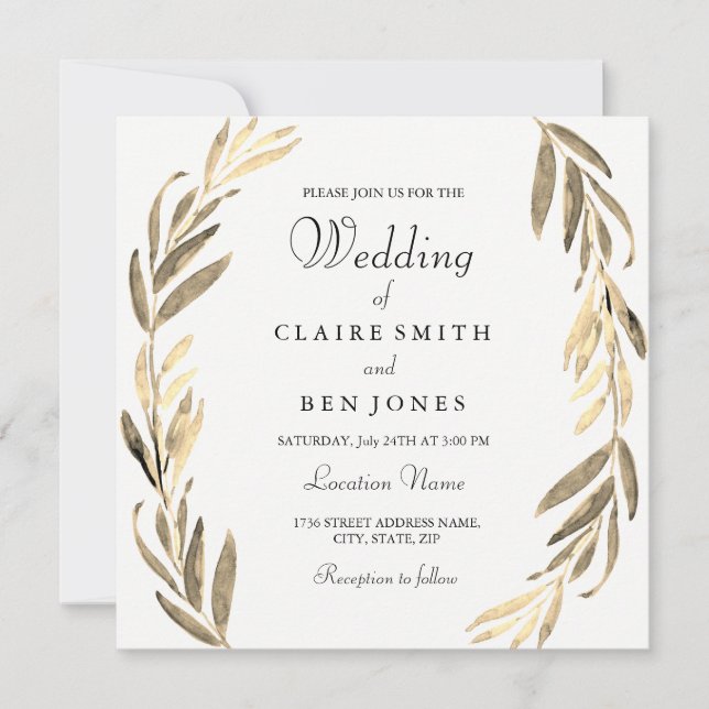 Elegant Modern Golden Leaf Wedding Invitation (Front)