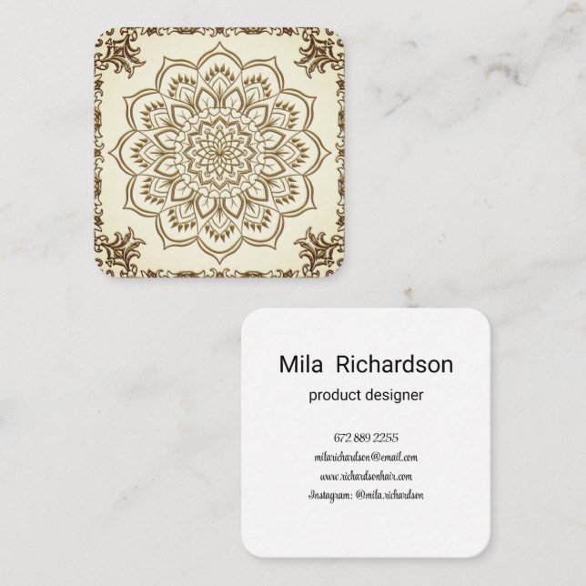 Elegant modern golden mandala square business card (Front/Back)