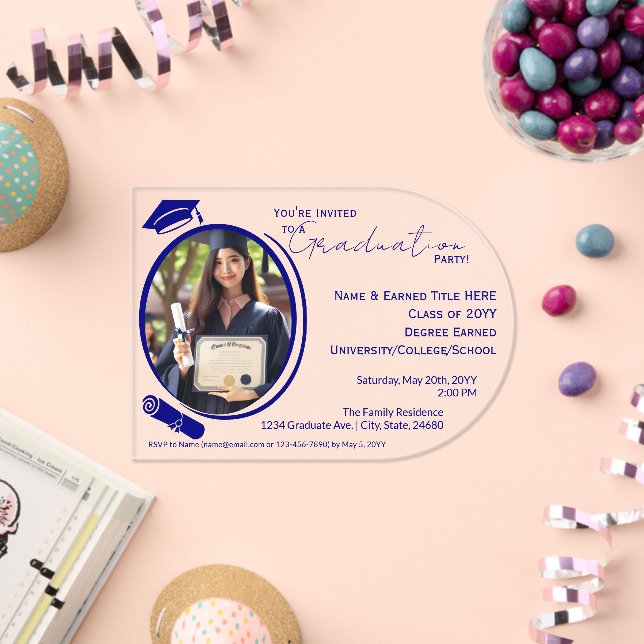 Elegant, Modern Grad Photo Graduation, Navy Blue Acrylic Invitations (Insitu (Celebration))